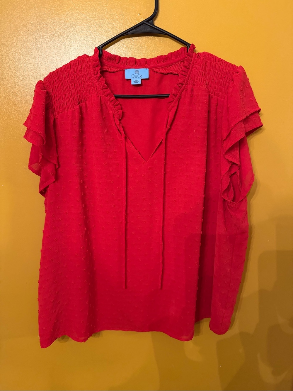 CeCe Vibrant Red Swiss Dot Tie-Neck Ruffle Sleeve Blouse
